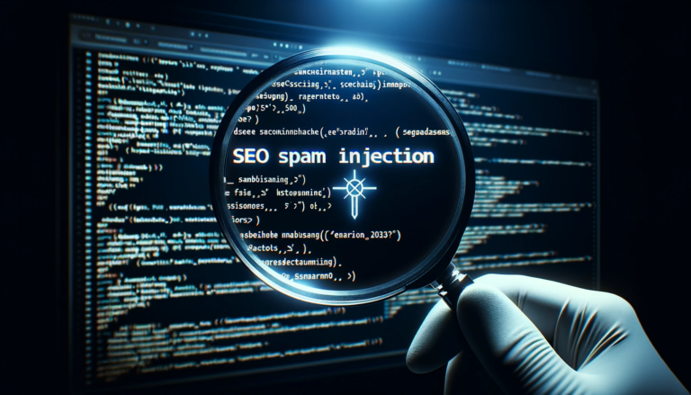 Photo of a magnifying glass hovering over a computer screen displaying lines of code, highlighting suspicious elements. The phrase 'SEO Spam Injection